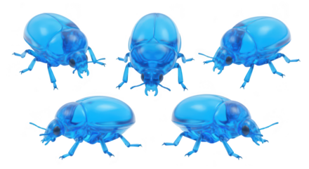 Five blue insect figurines displayed in different perspectives isolated against a clean white backdrop for illustrative or educational purposes