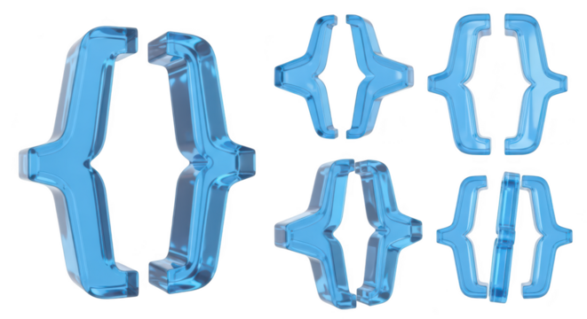 Blue 3D brackets floating isolated on white various angles for code or design elements