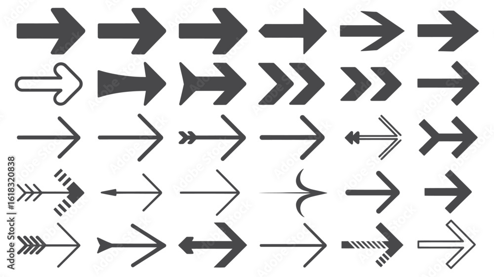 Poster collection of various arrow designs pointing to the right on a white background in a grid pattern si