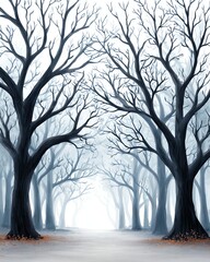 Mystical Forest Path: A serene, dreamlike illustration capturing a misty forest path flanked by towering trees, their bare branches reaching towards the sky. It invokes tranquility and mystery