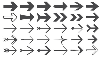 Collection of various arrow designs pointing to the right on a white background in a grid pattern silhouette