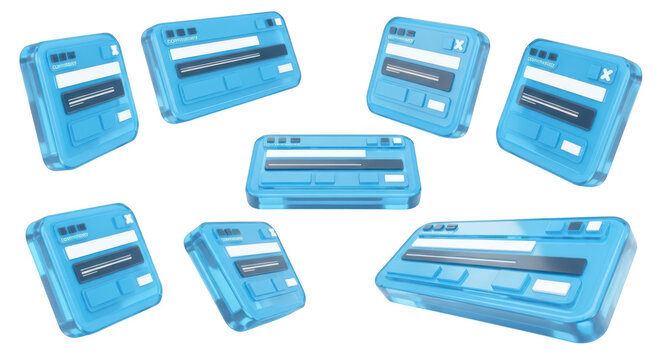 3D rendered blue windows with loading bars hover over white suggesting tech progress or website design elements great for UI/UX concepts