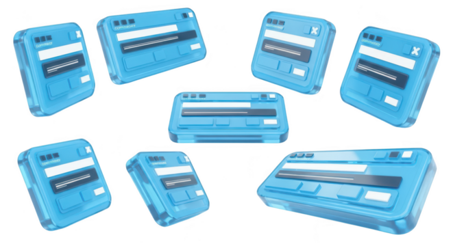 3D rendered blue windows with loading bars hover over white suggesting tech progress or website design elements great for UI/UX concepts