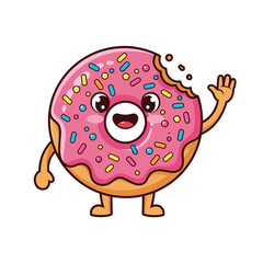 Fototapeta premium Cute cartoon donut character with pink icing and sprinkles, waving hello. A happy, bitten pastry mascot with a friendly smile.