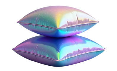 Iridescent cushion stacked gives futuristic, dreamy vibe