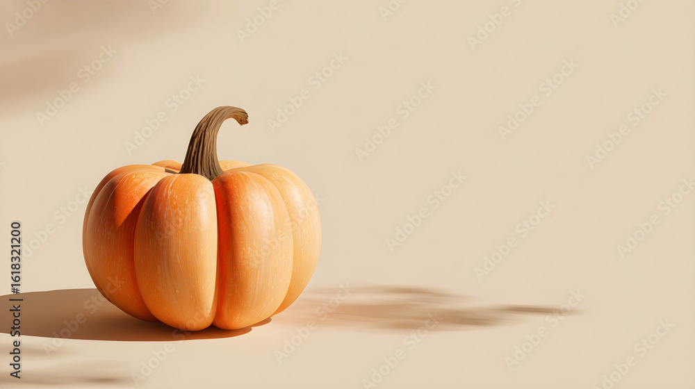 Poster minimalist pumpkin mockup with soft shadows on beige background and open area next to it for message