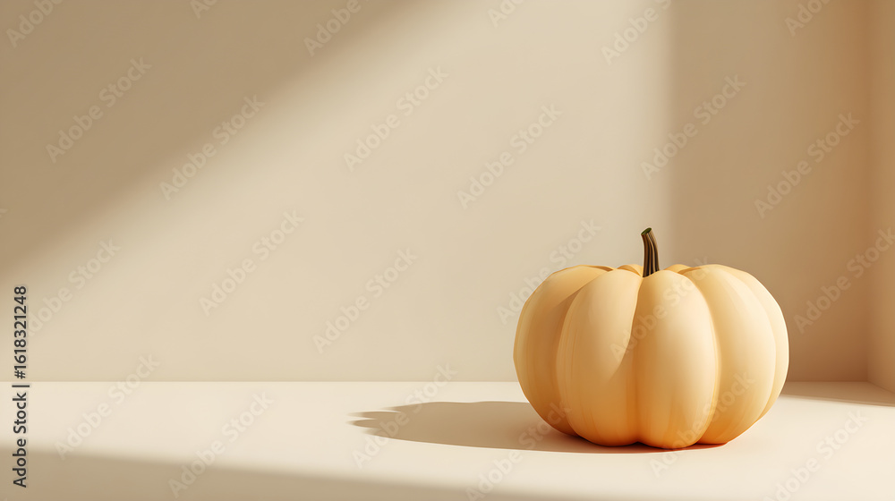 Poster minimalist pumpkin mockup with soft shadows on beige background and open area next to it for message