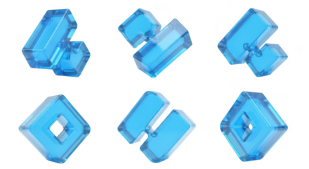 Blue geometric glass shapes in different angles on a clean white backdrop for abstract design and digital art