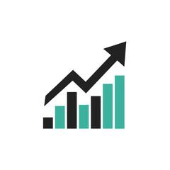 Flat design bar graph with black and teal columns and an upward trending arrow indicating growth.