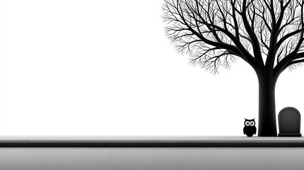 Eerie Twilight Landscape: A minimalist scene of a bare tree against a soft glow in the background, with a gravestone and an owl silhouette in the serene setting 