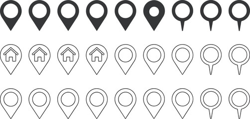 Various styles of map pointer icons arranged in rows showing different design variations and details silhouette