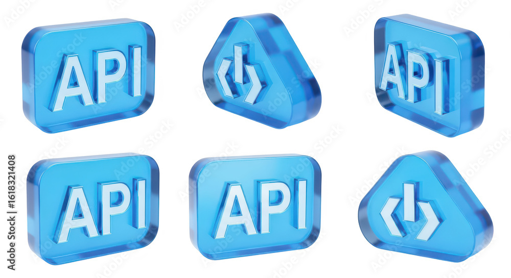 Aufkleber transparent blue glass api icons in varied positions white background illustrating software integrat