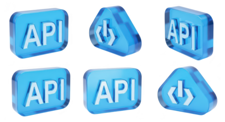 Transparent blue glass API icons in varied positions White background Illustrating software integration and development concepts