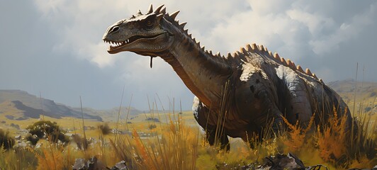 A haunted gothic Parasaurolophus perched on a wind-swept hill art, generative ai