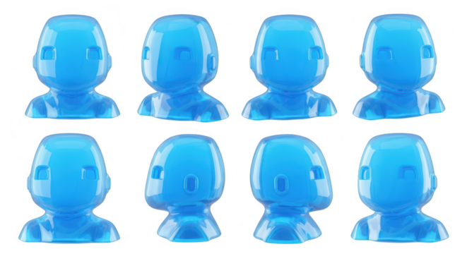 Transparent blue human avatar figurine collection various head poses on a white background showcasing concept art usage