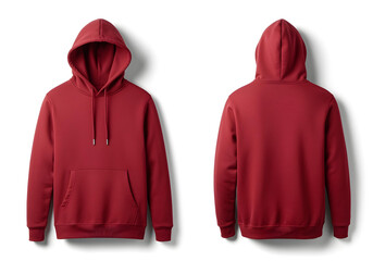 Crimson red hoodie template, presented on a white background, front and back angles, emphasizing the texture and construction of the pocket design, minimalist style.