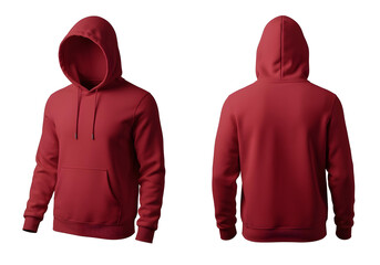 A red hoodie template, isolated on a white background, front and back views, emphasizing the pocket design.