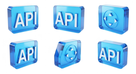 Rendered 3D transparent blue API and directional interface icons isolated on white demonstrating digital code connection and software design for technology and programming