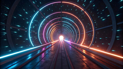 Futuristic neon tunnel with concentric rings and glowing lights technology background new latest web ai background futuristic hud cyber security neural network data tech download ai background