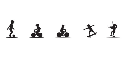  Energetic silhouette collection of kids engaged in fun outdoor activities like playing soccer, riding bikes, skateboarding, and using a jump rope—perfect for youth and sports themes.