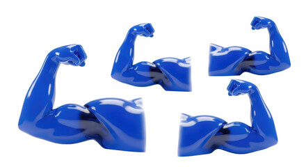 Blue glossy arms flexing in different angles on a white background symbolizing strength or power for design or visual concepts