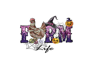 Farm Life Halloween Theme with Chicken, Spider Web, and Pumpkins Sublimation design isolated on transparent background