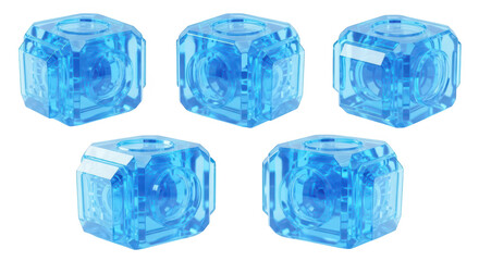 Five glowing translucent blue cubes are grouped against white suggesting futuristic tech design or digital concept