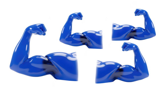 Blue glossy arms flexing in different angles on a white background symbolizing strength or power for design or visual concepts