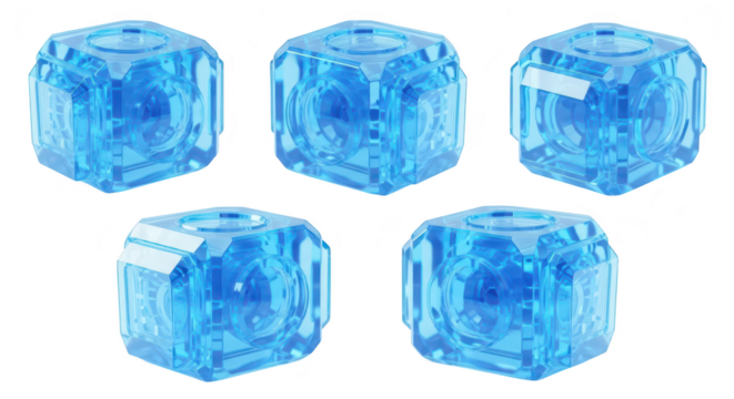 Five glowing translucent blue cubes are grouped against white suggesting futuristic tech design or digital concept