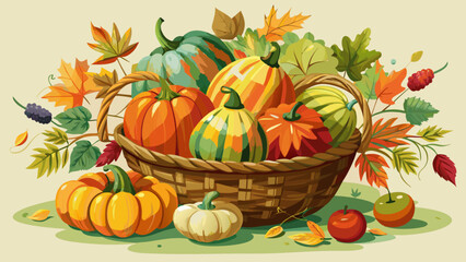 Abundant autumn harvest basket overflowing with pumpkins and fall leaves
