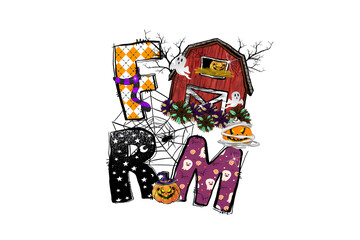 Festive Halloween farm scene with barn, pumpkins, ghosts, and pie Sublimation design isolated on transparent background