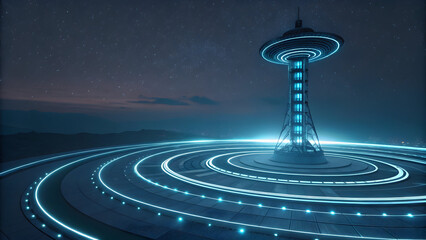 Futuristic Tower on a Circular Platform Under a Starry Night Sky technology background new latest web ai background futuristic hud cyber security neural network data tech download ai background