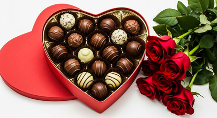 Heart-shaped chocolate box with red roses.