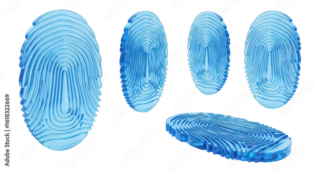 Poster 3d rendered translucent blue fingerprints floating on a white background illustrative of security id