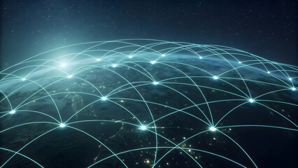 Global Network Connections on Earth from Space with Blue Lights and technology background new latest web ai background futuristic hud cyber security neural network data tech download ai background