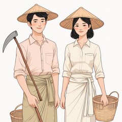 Asian Farmer Couple in Traditional Attire