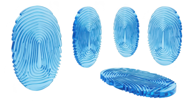3D rendered translucent blue fingerprints floating on a white background Illustrative of security identity biometrics verification or data protection concepts
