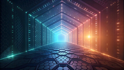 Futuristic Hexagonal Tunnel with Neon Lights and Geometric Floor technology background new latest web ai background futuristic hud cyber security neural network data tech download ai background