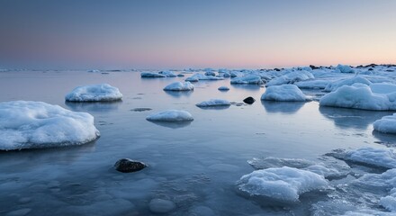 Obraz premium Frozen ice chunks floating on calm water at dusk
