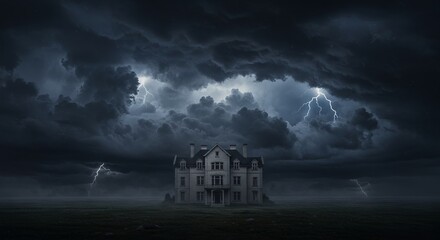 Haunted mansion under a fierce thunderstorm