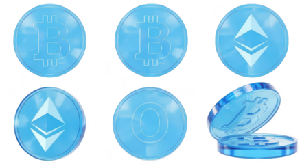 Transparent digital currency coins displayed isolated representing finance and investment perfect for crypto-related designs