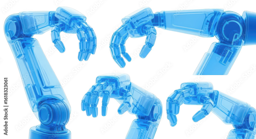 Aufkleber blue transparent robotic arms grasping multiple angles white background representing technology and 