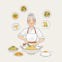 Smiling Asian Chef with a Feast of Dishes