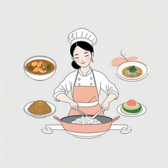 Happy Female Chef Preparing a Variety of Asian Dishes
