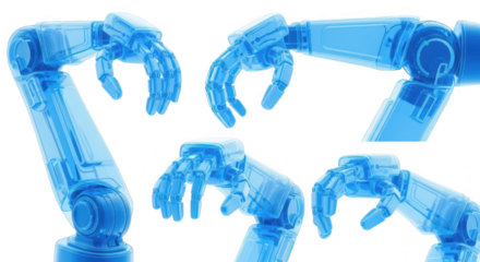 Blue transparent robotic arms grasping multiple angles white background representing technology and future automation