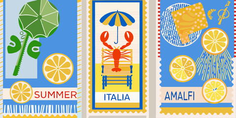Summer vacation postcards featuring italian coastal scenes and citrus fruits
