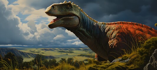 A haunted gothic Parasaurolophus perched on a wind-swept hill art, generative ai