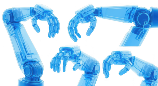 Blue transparent robotic arms grasping multiple angles white background representing technology and future automation