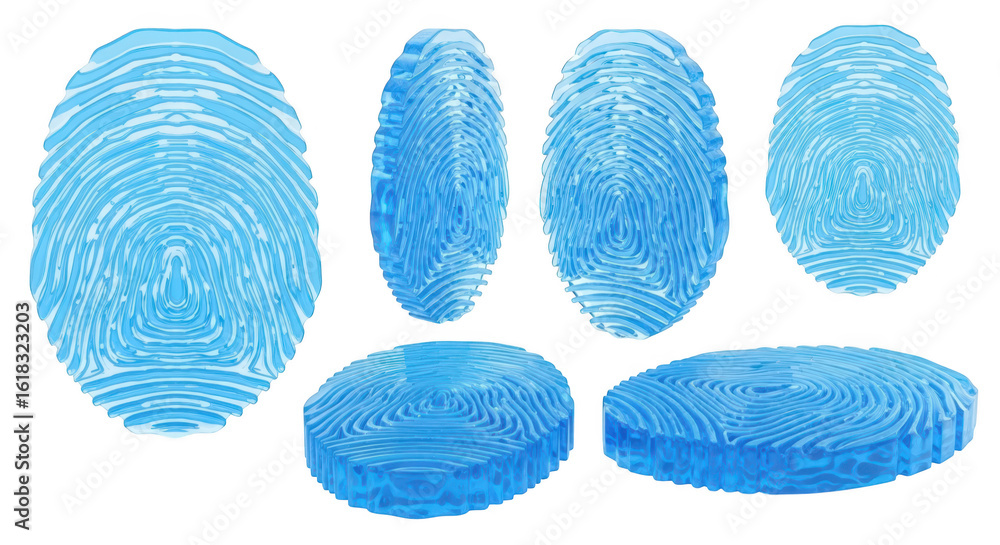 Poster rendered blue fingerprint samples isolated on white background illustrating security and identity co