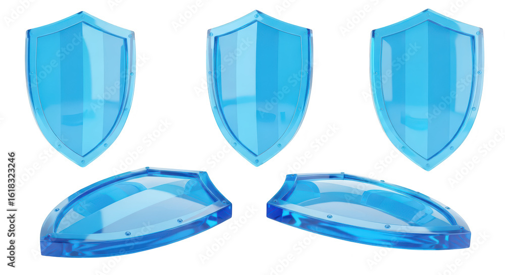 Aufkleber transparent blue shields arrayed presenting different angles on white illustrating protection and se